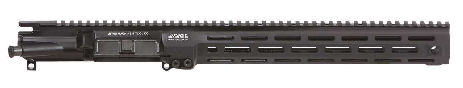 Black firearm upper receiver with rail system.