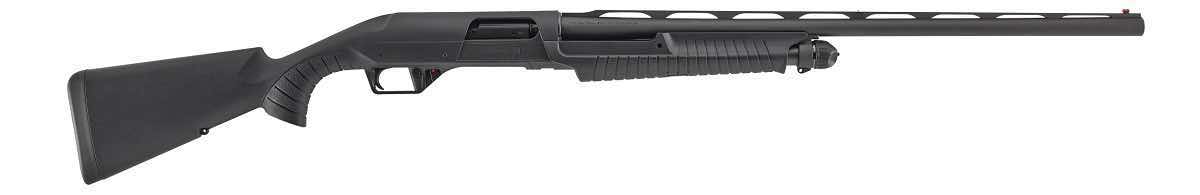 A black Benelli Nova 3 shotgun with a long barrel and wooden stock.