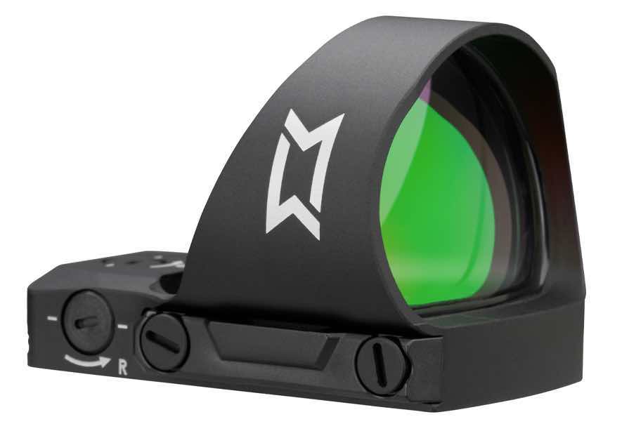 Black reflex sight with green lens and adjustment buttons.