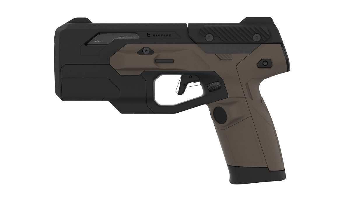 Illustration of a futuristic handgun design in black and brown colors.