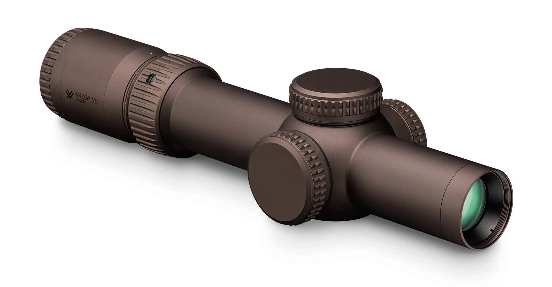 A brown rifle scope with adjustment knobs and a green lens.