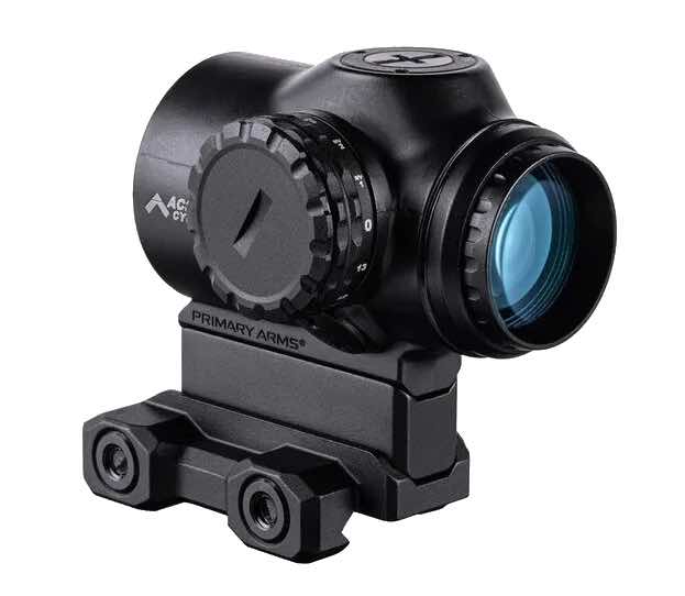Black reflex sight with adjustable knobs and mounting base.