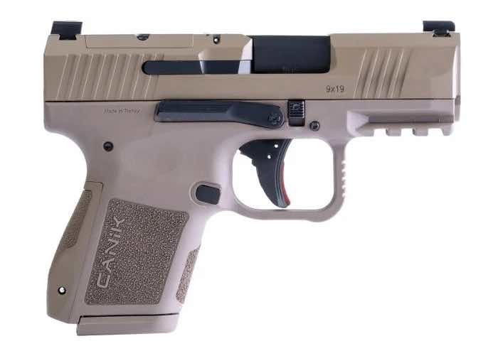 A tan semi-automatic handgun with a black slide and trigger.