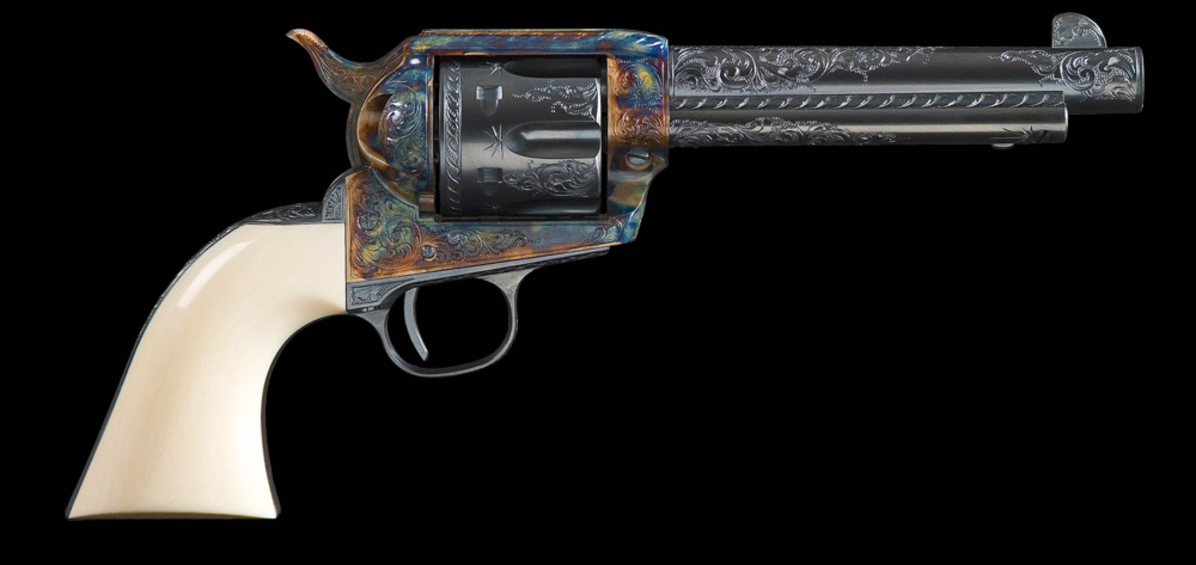 A vintage revolver with an ivory grip and colorful patina.