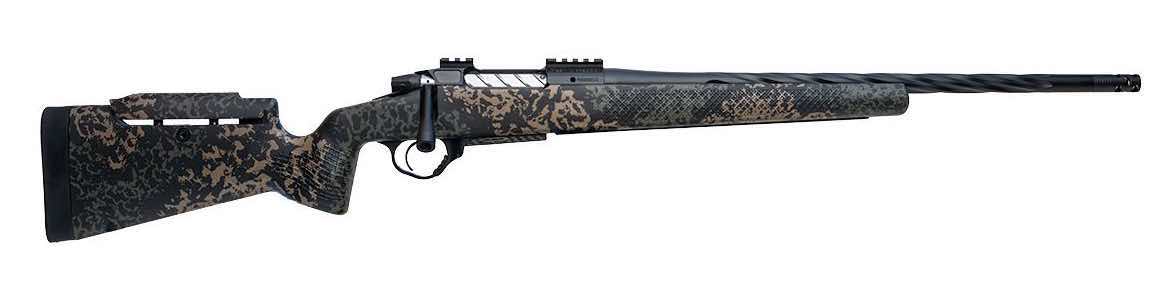 A camouflage-patterned hunting rifle viewed from the side.