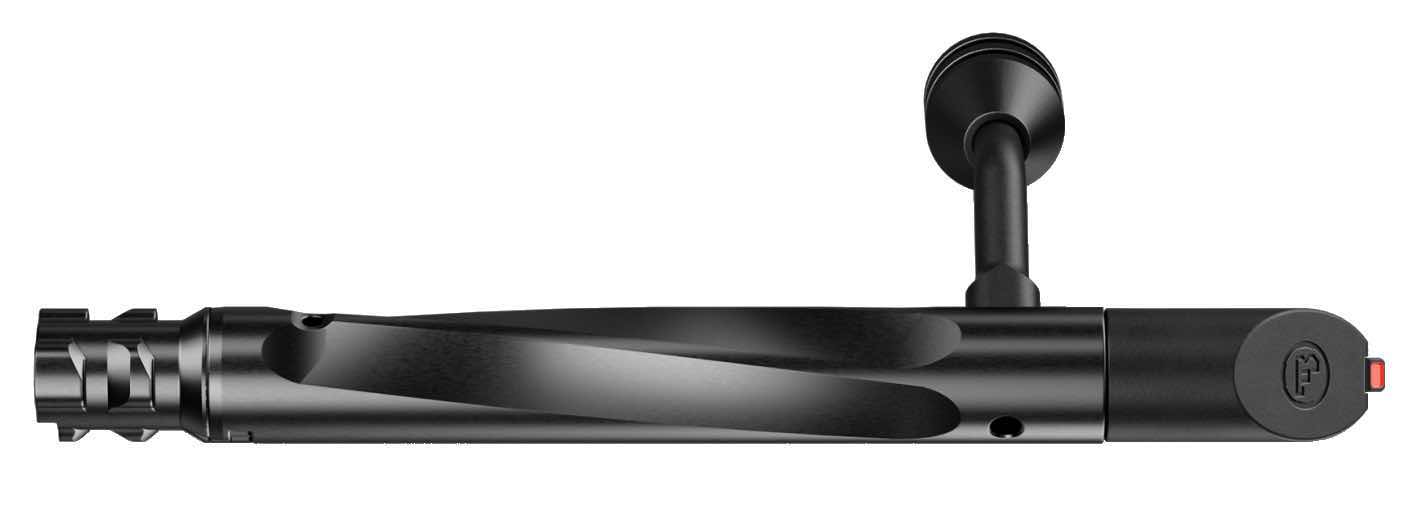Black firearm bolt with a handle, viewed from the side.