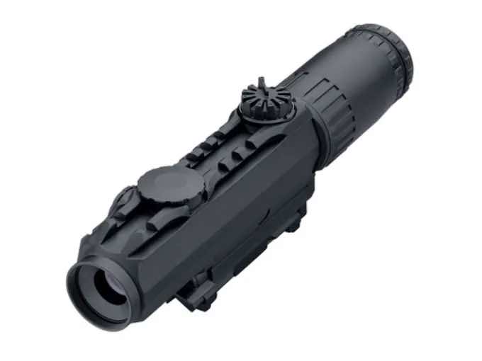 Black tactical rifle scope with various adjustment features.