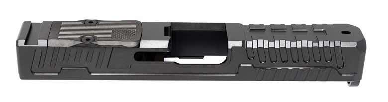 A gray firearm slide viewed from the side.