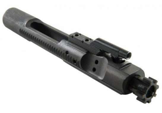 Black firearm component with various mechanical features.