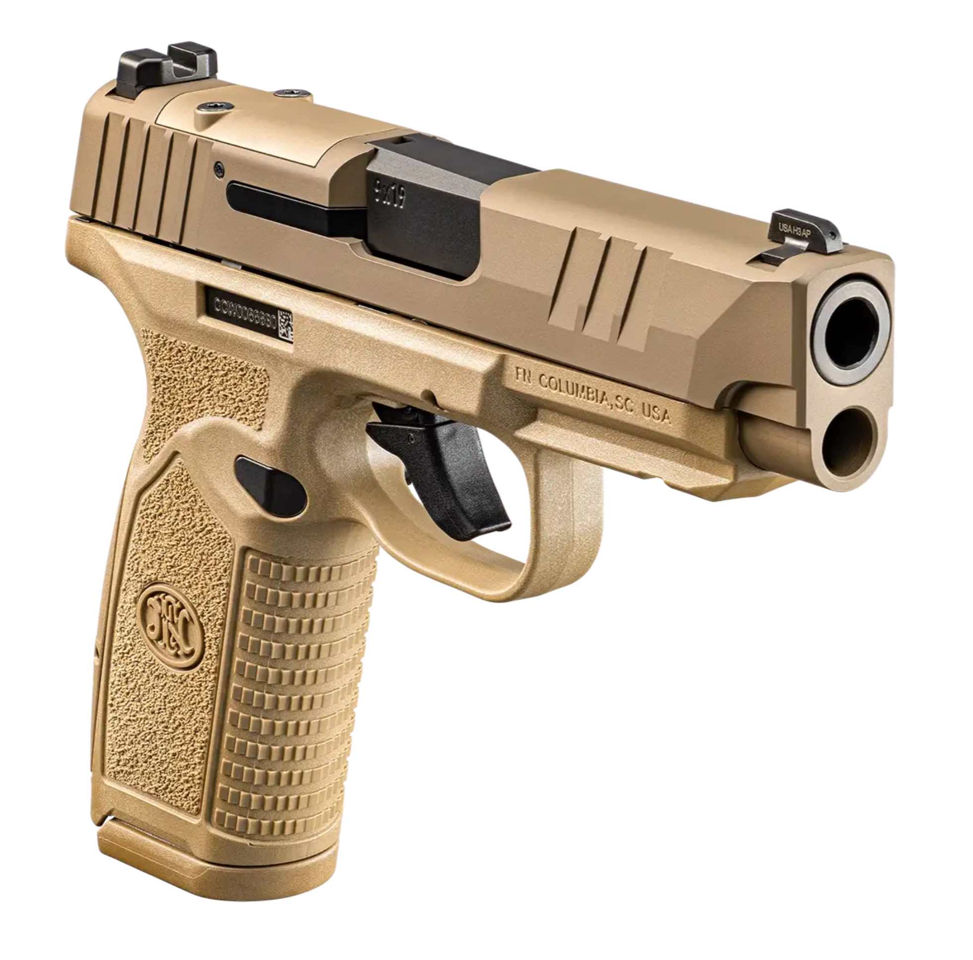 A tan semi-automatic handgun with a textured grip.