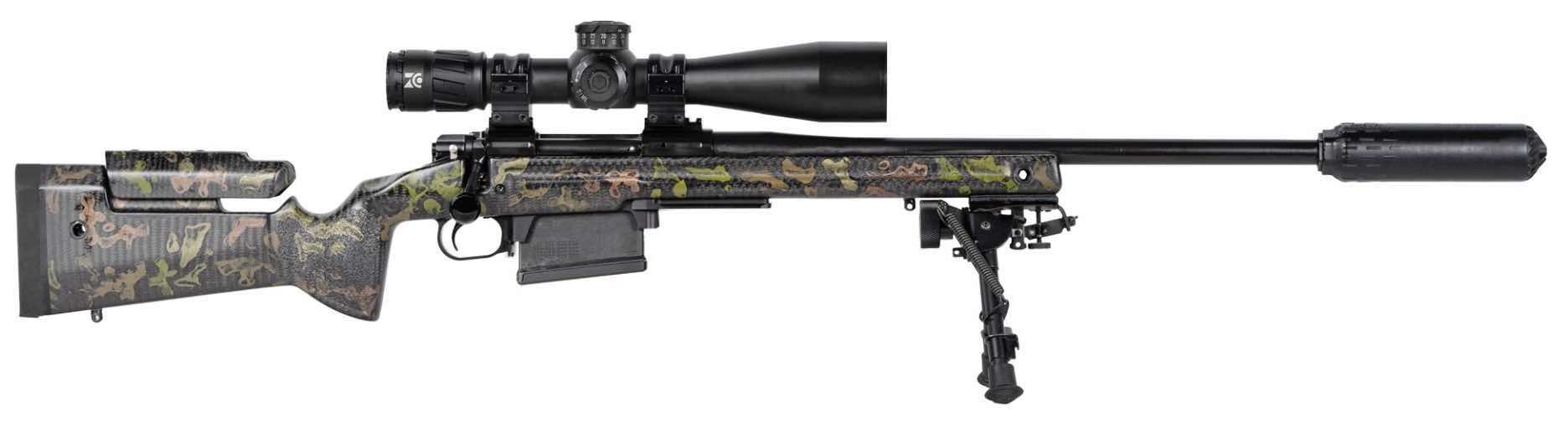 A camouflaged sniper rifle with a scope and silencer.