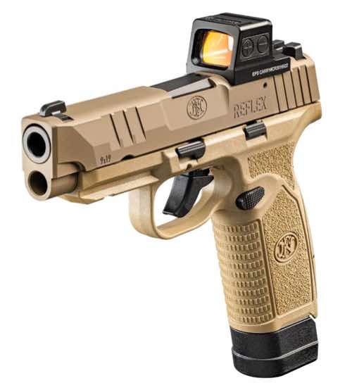 A tan semi-automatic pistol with a red dot sight.