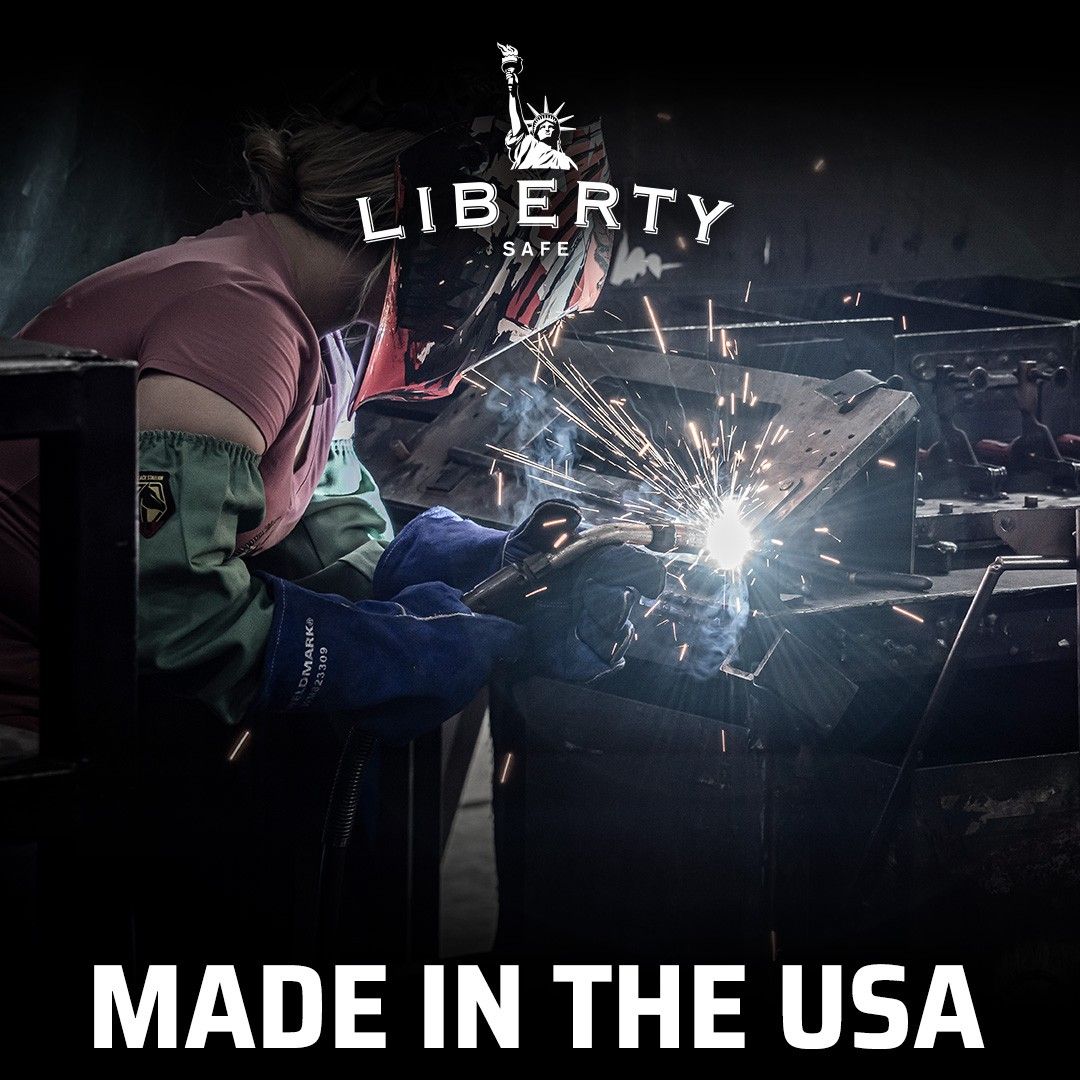 Welder working with sparks, text reads 