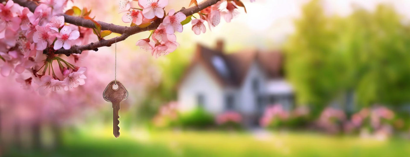 AI Generated Key hangs on blooming spring tree against country house background. Cherry blossom in green garden landscape . Real estate, moving home or renting property concept.