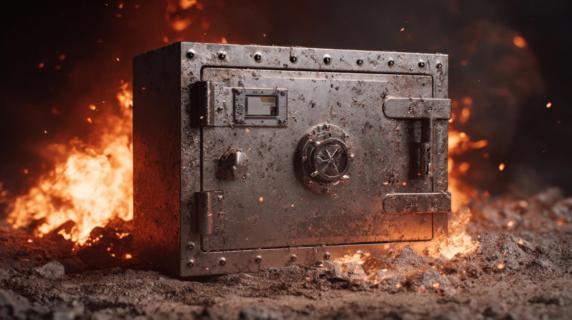 A metal safe box surrounded by flames and debris on a dark background with bright orange light