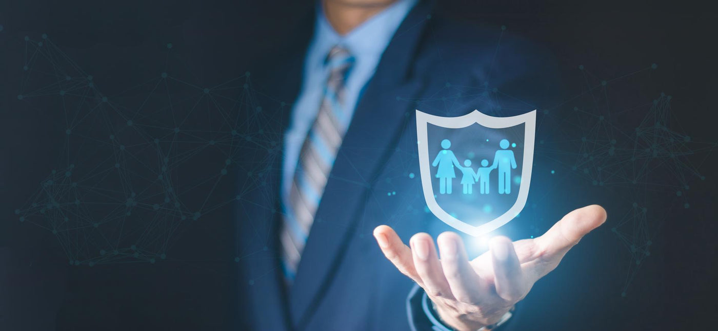 Businessman with protection gesture and family, life, health and home insurance icon. insurance concept family life insurance and policy concept