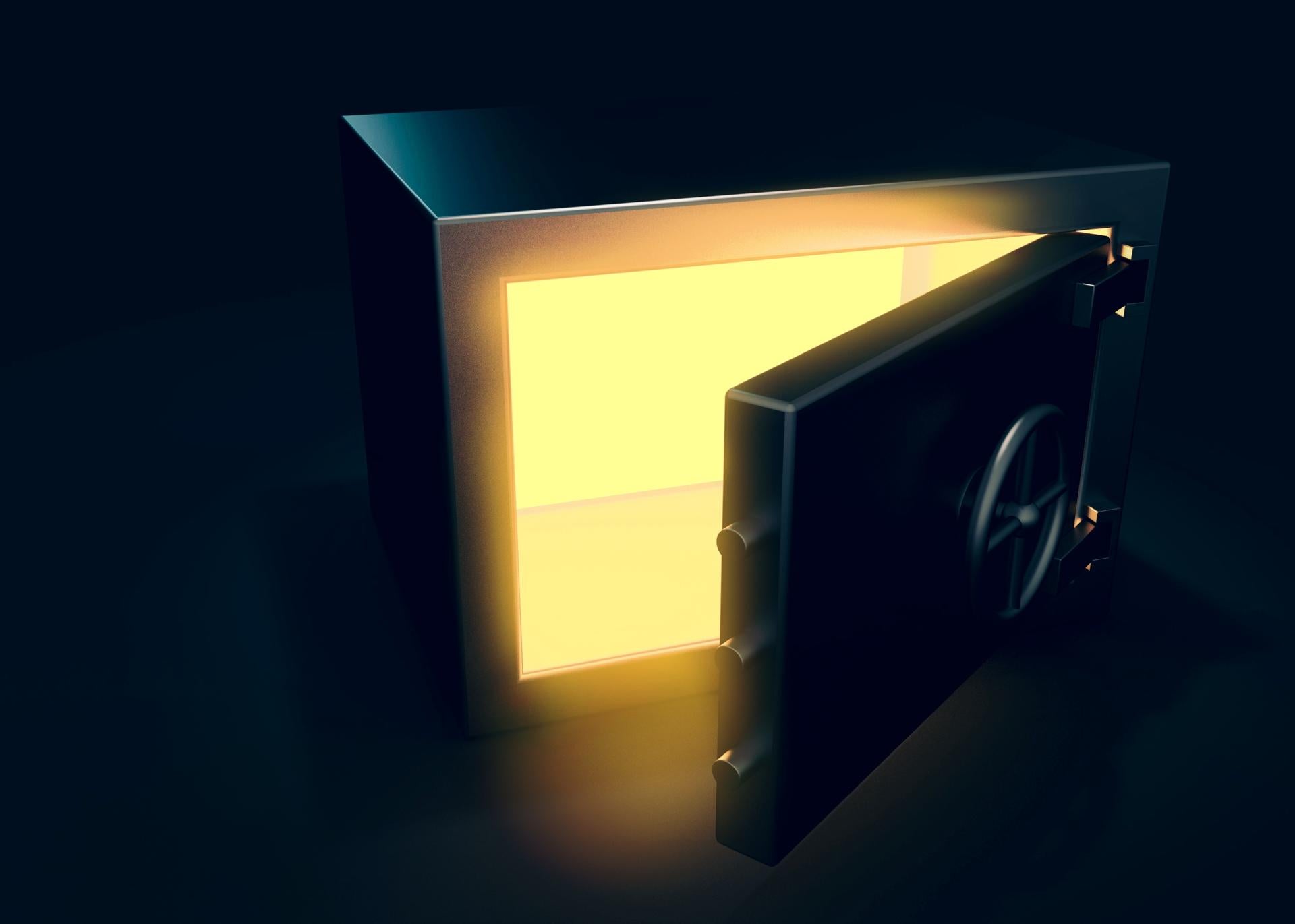 Safe on dark background with light effect 3d render