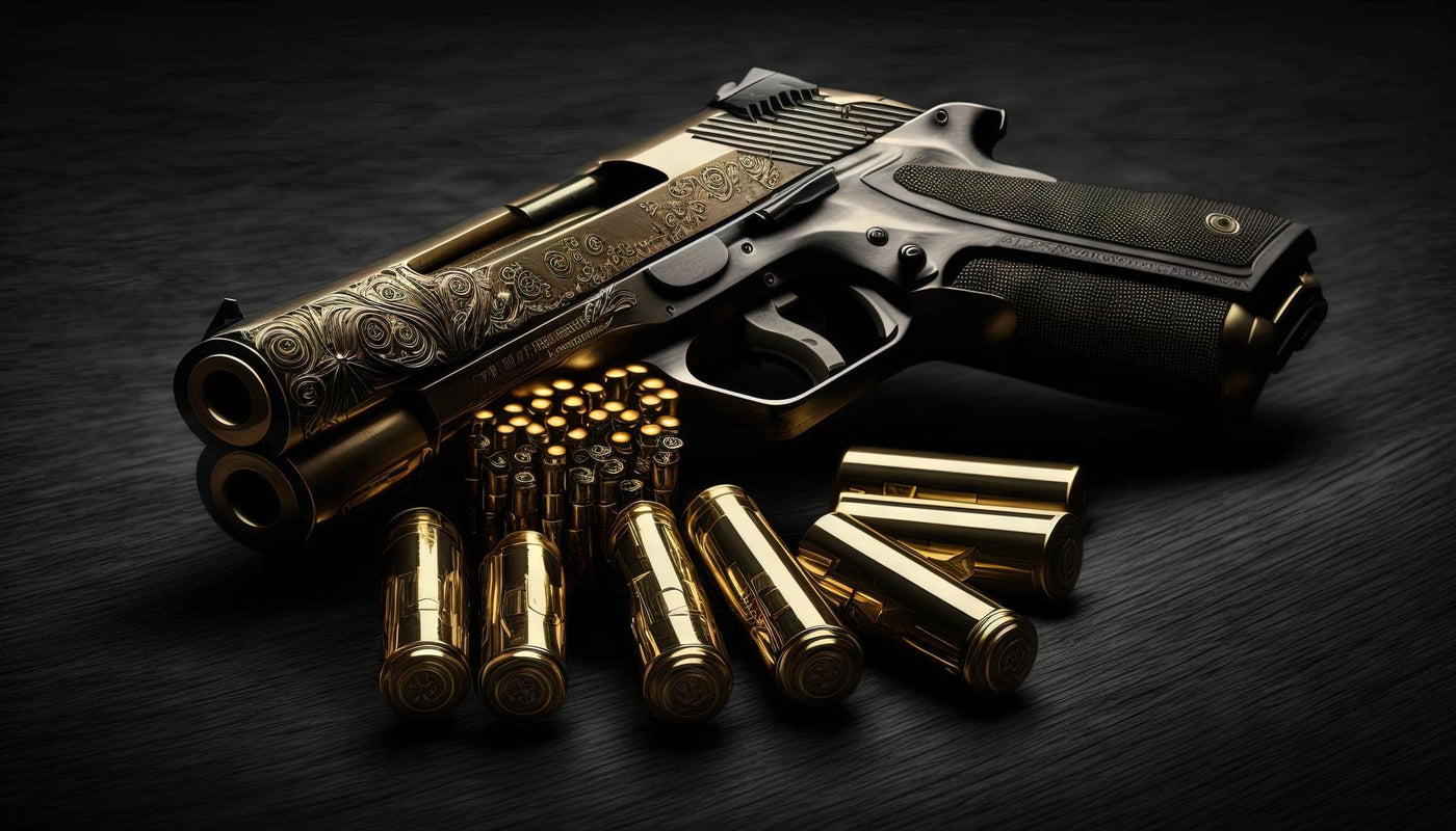 9mm pistol bullets and handgun on black background