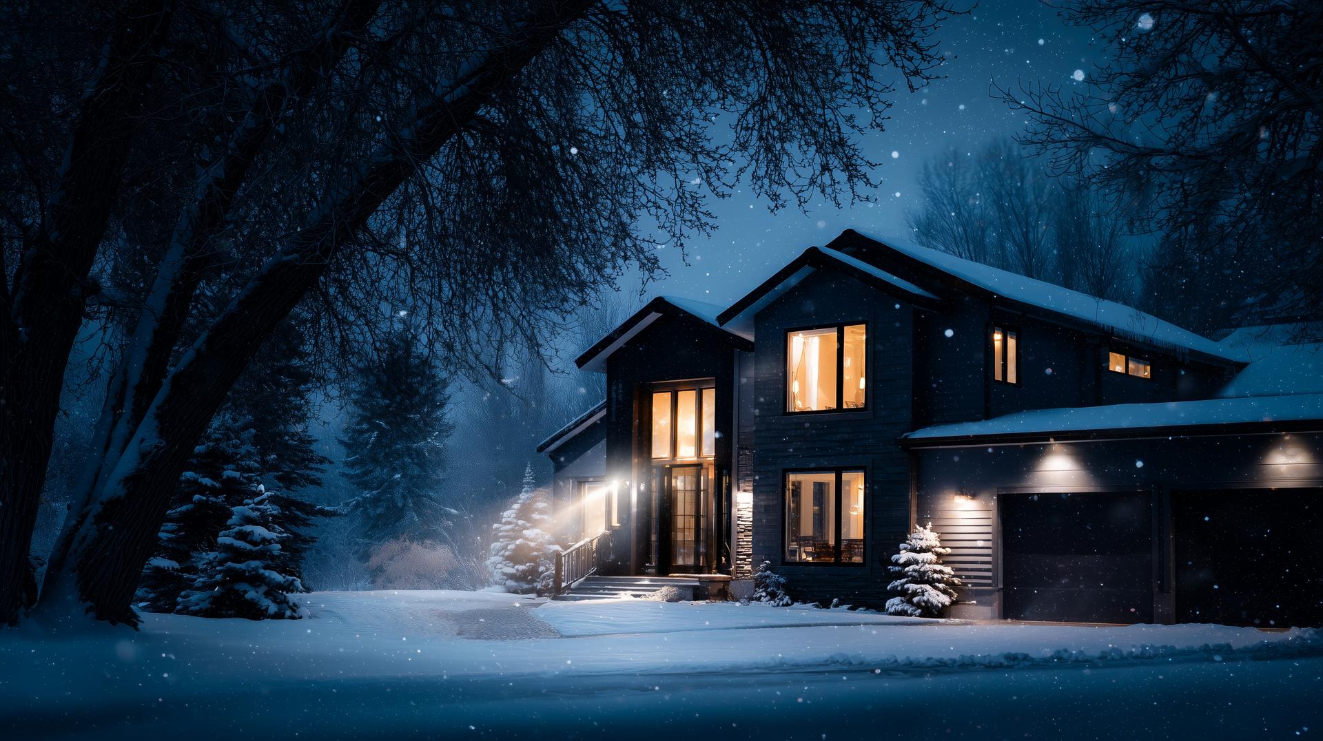 Snowy night scene at a cozy modern house with glowing windows and surrounding trees