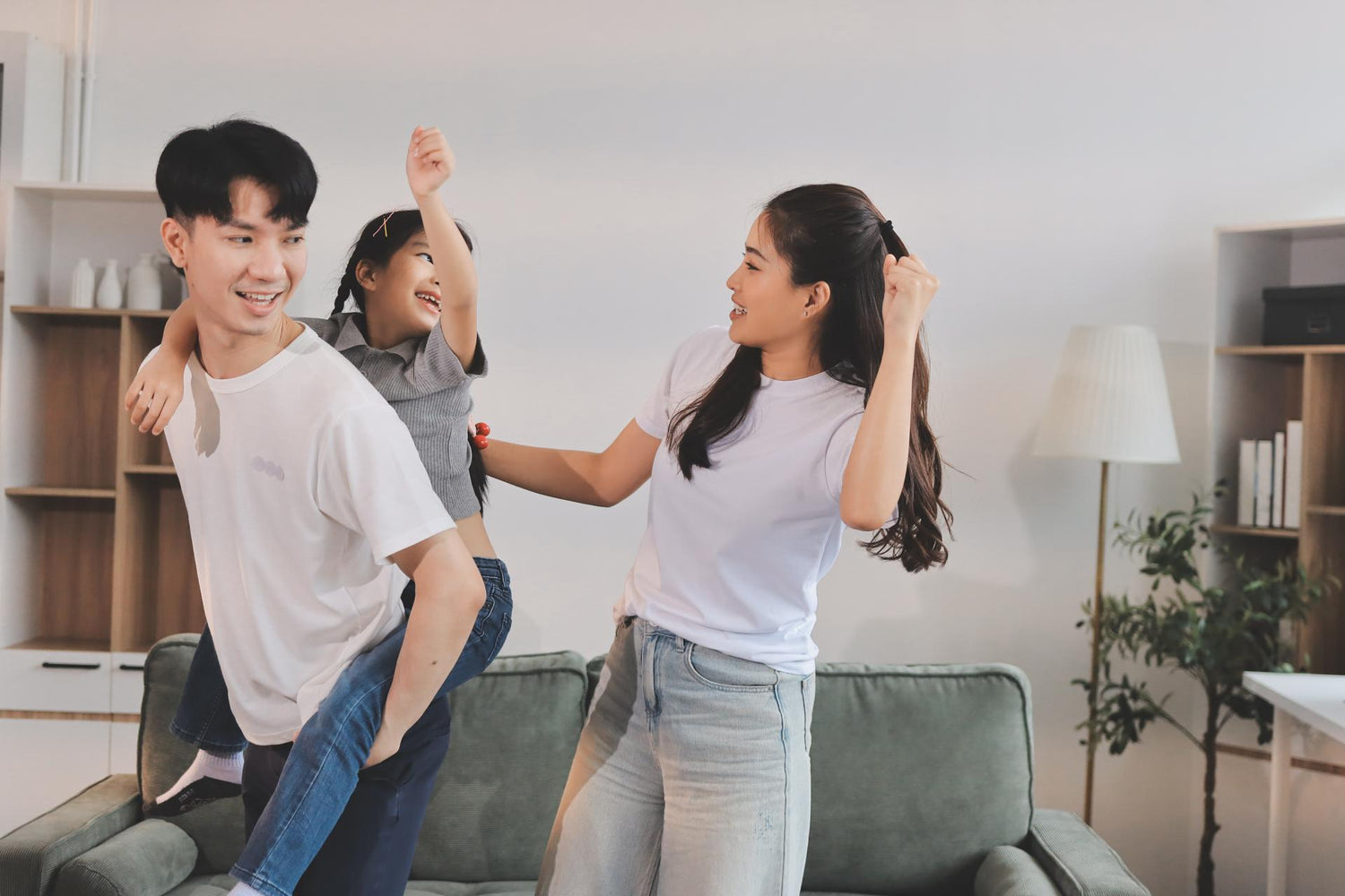A family playing in a living room