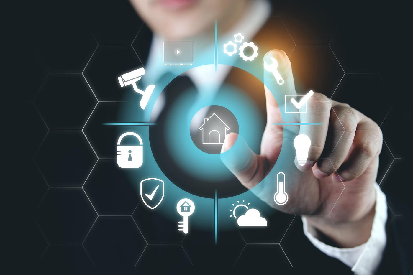 Smart home concept with automation control. Network technology innovation of home security systems, IOT protection software design or cybersecurity of home devices.