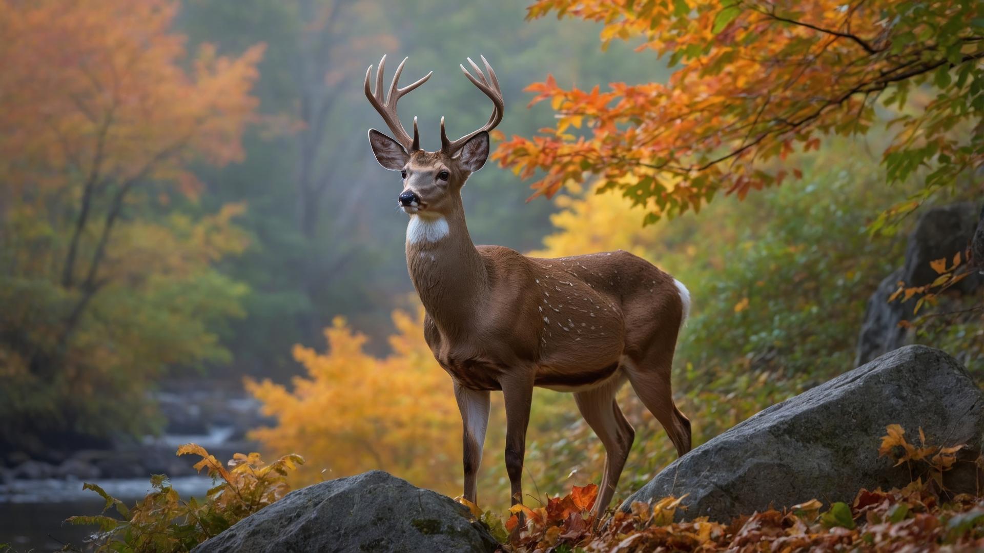 Majestic deer standing by a serene stream surrounded by vibrant autumn foliage and rocks
