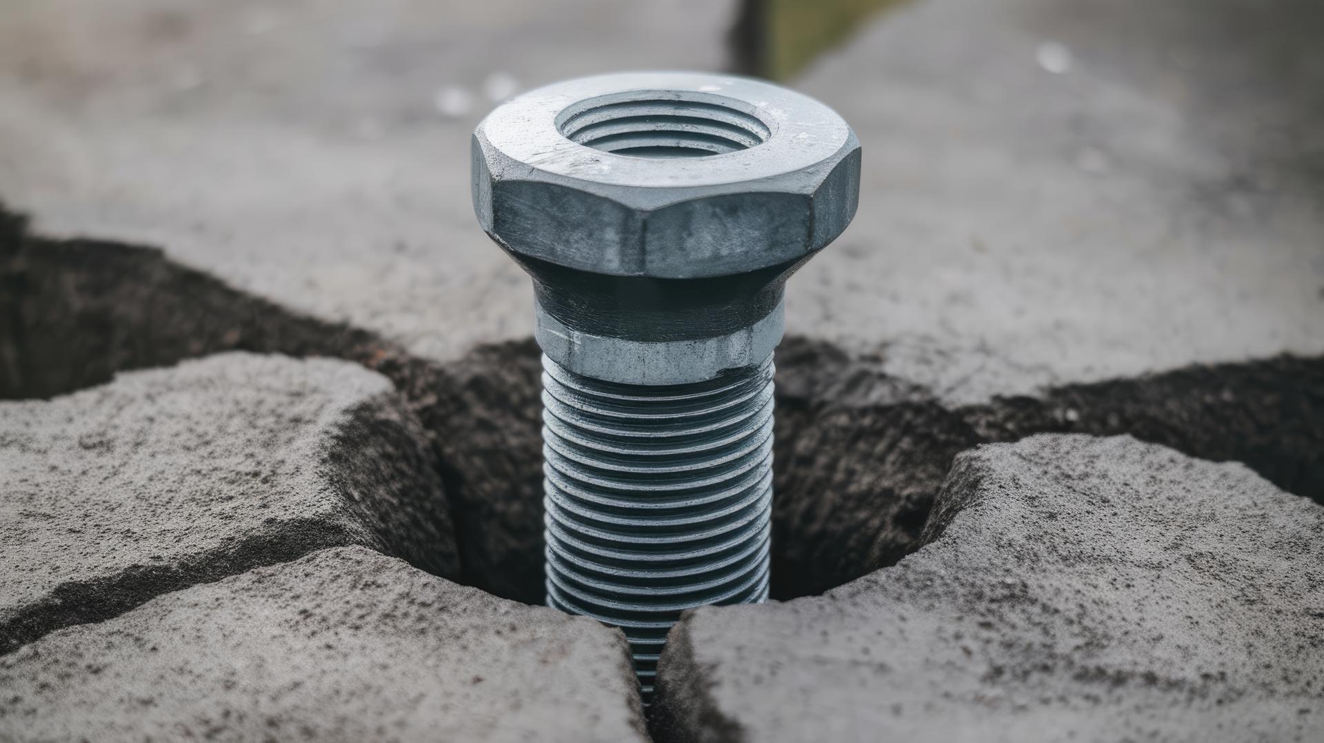 Metal Bolt Secures Cracked Stone Together in Outdoor Environment