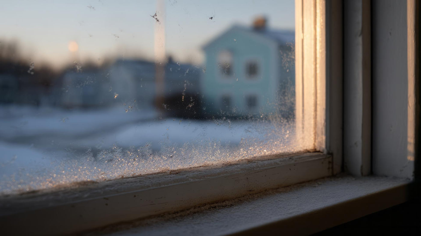 Sunrise glimmers on frosty windowpane, whispering secrets of winter solstice dawn and Imbolcs quiet anticipation in snowy suburbia
