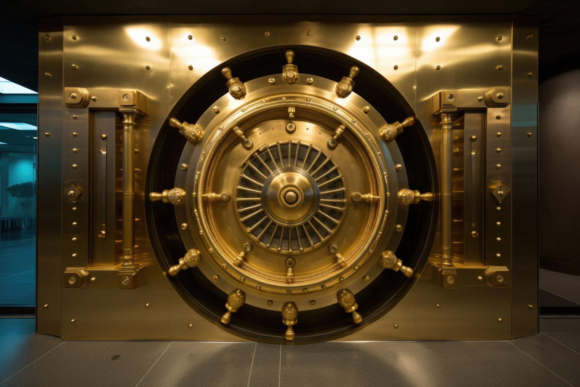 Front view of closed bank vault door. Generative AI
