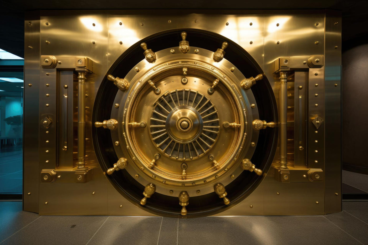 Front view of closed bank vault door. Generative AI