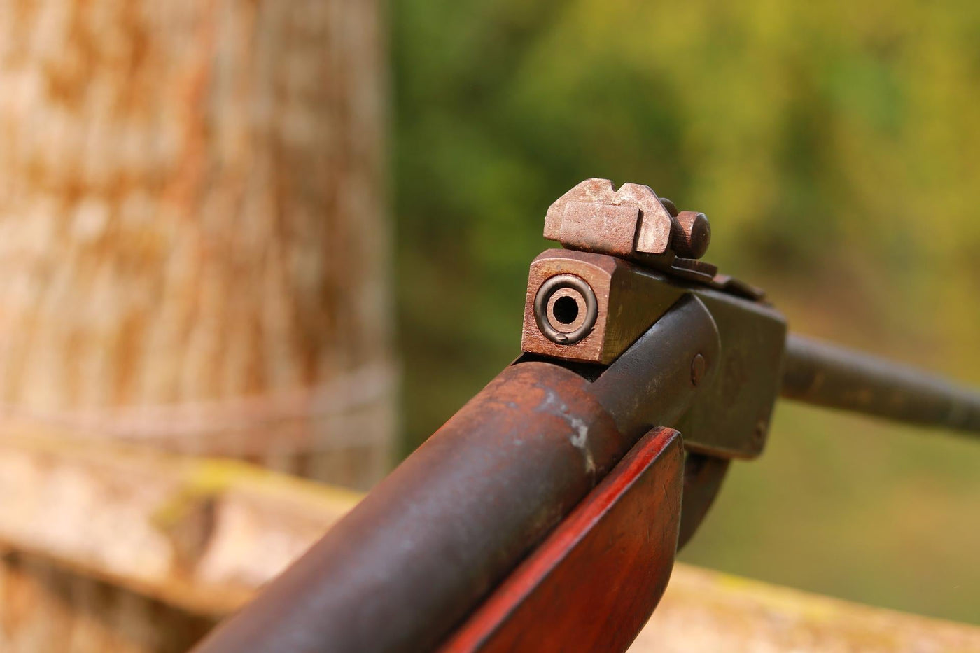 Close-up of a hunting rifle, with a shallow depth of field.