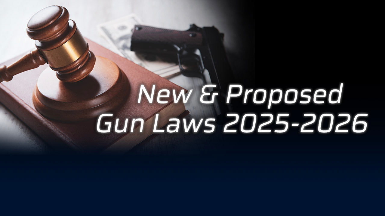 Gavel and handgun with text about gun laws 2025-2026.