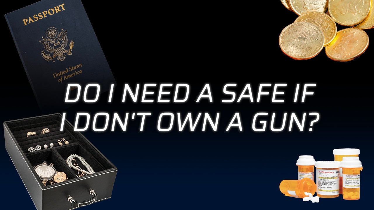 A safe with items, including a passport, coins, and prescription bottles.