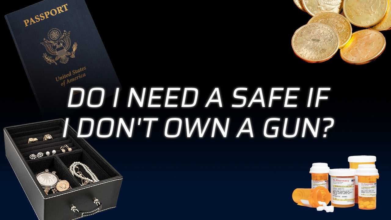 A safe with items, including a passport, coins, and prescription bottles.