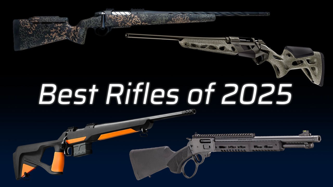 Four rifles labeled as "Best Rifles of 2025" on a dark background.