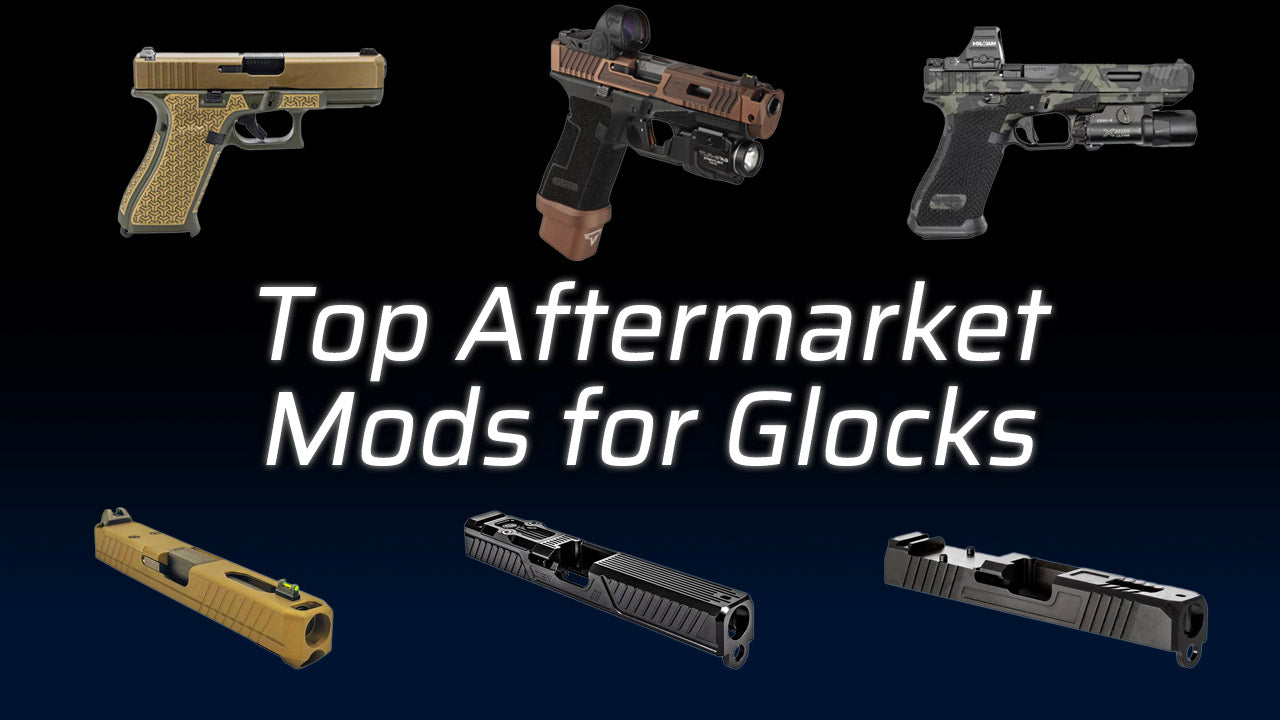 Image displaying various Glock pistols with text about aftermarket modifications.