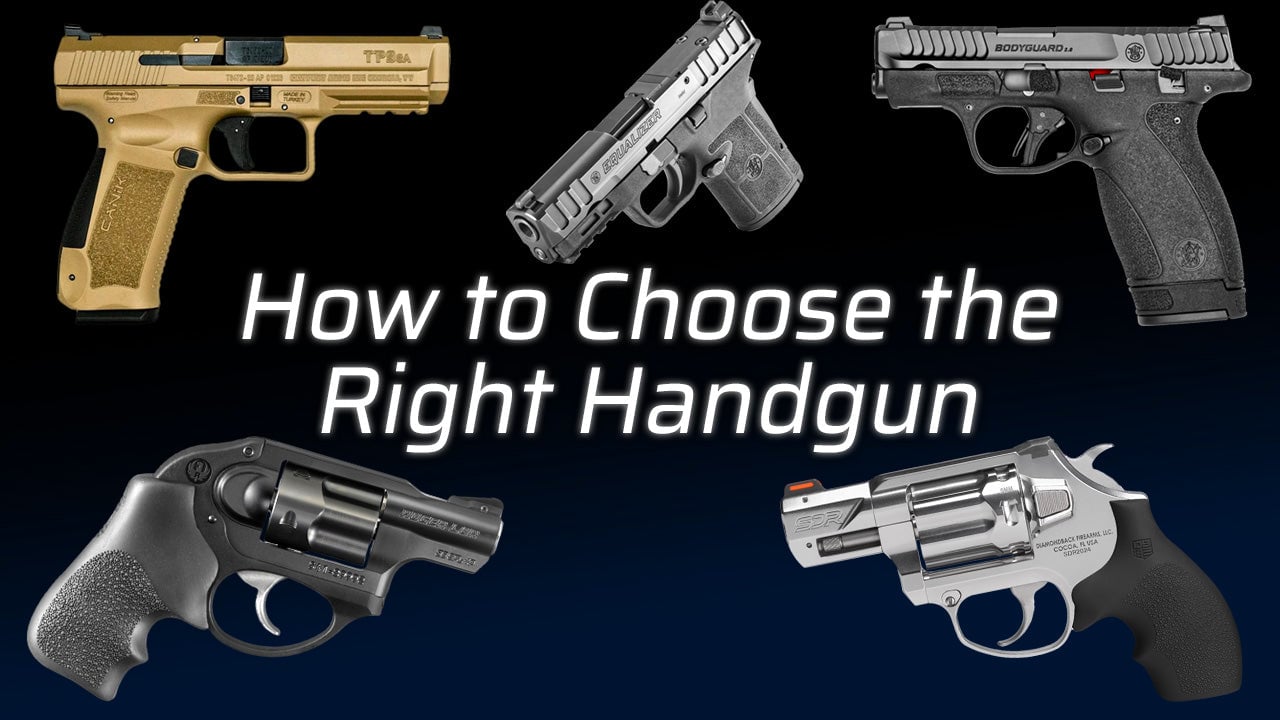 Five handguns with text "How to Choose the Right Handgun.