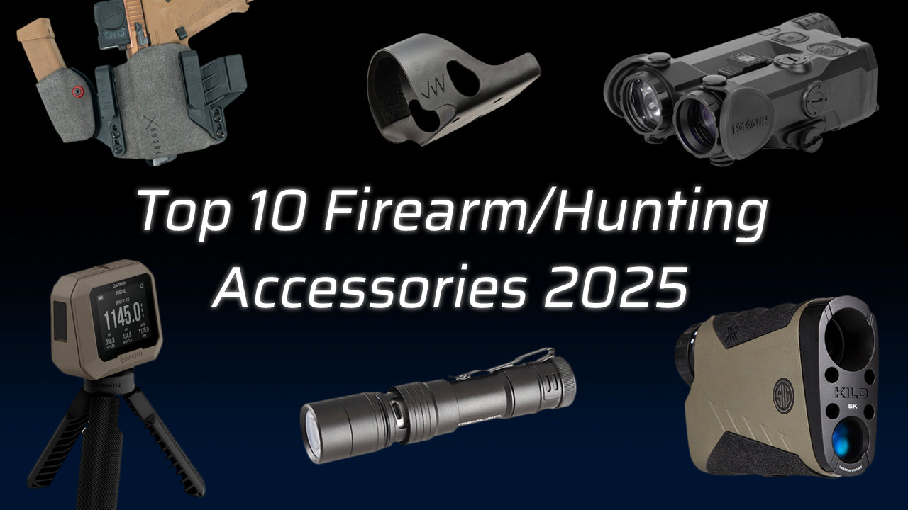 Top 10 firearm and hunting accessories for 2025 displayed on a dark background.
