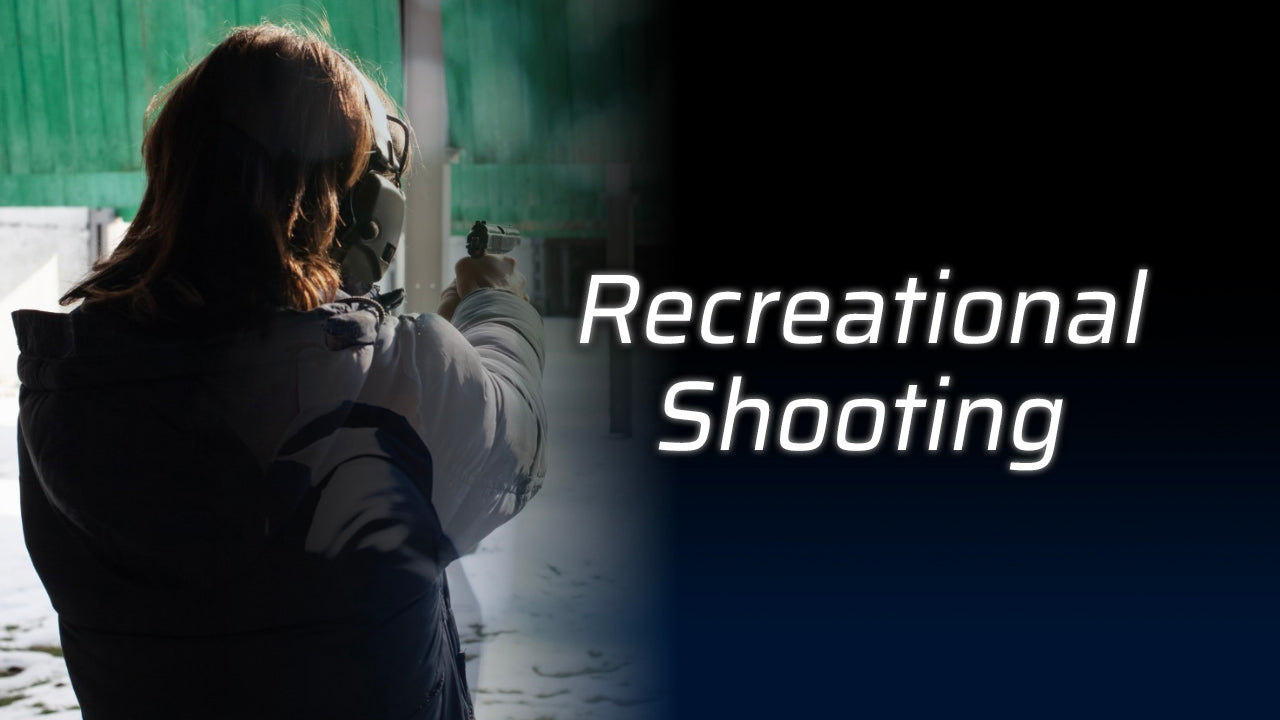 Person aiming a firearm with text overlay: "Recreational Shooting.
