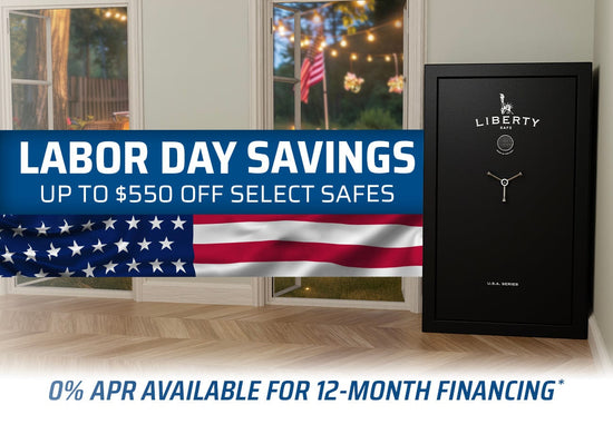 Black Liberty safe with Labor Day savings advertisement featuring an American flag.