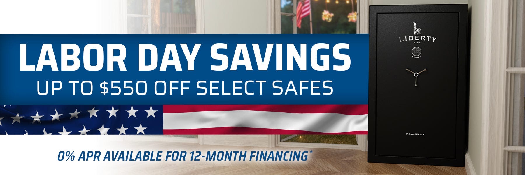 Black Liberty safe with Labor Day savings banner in the background