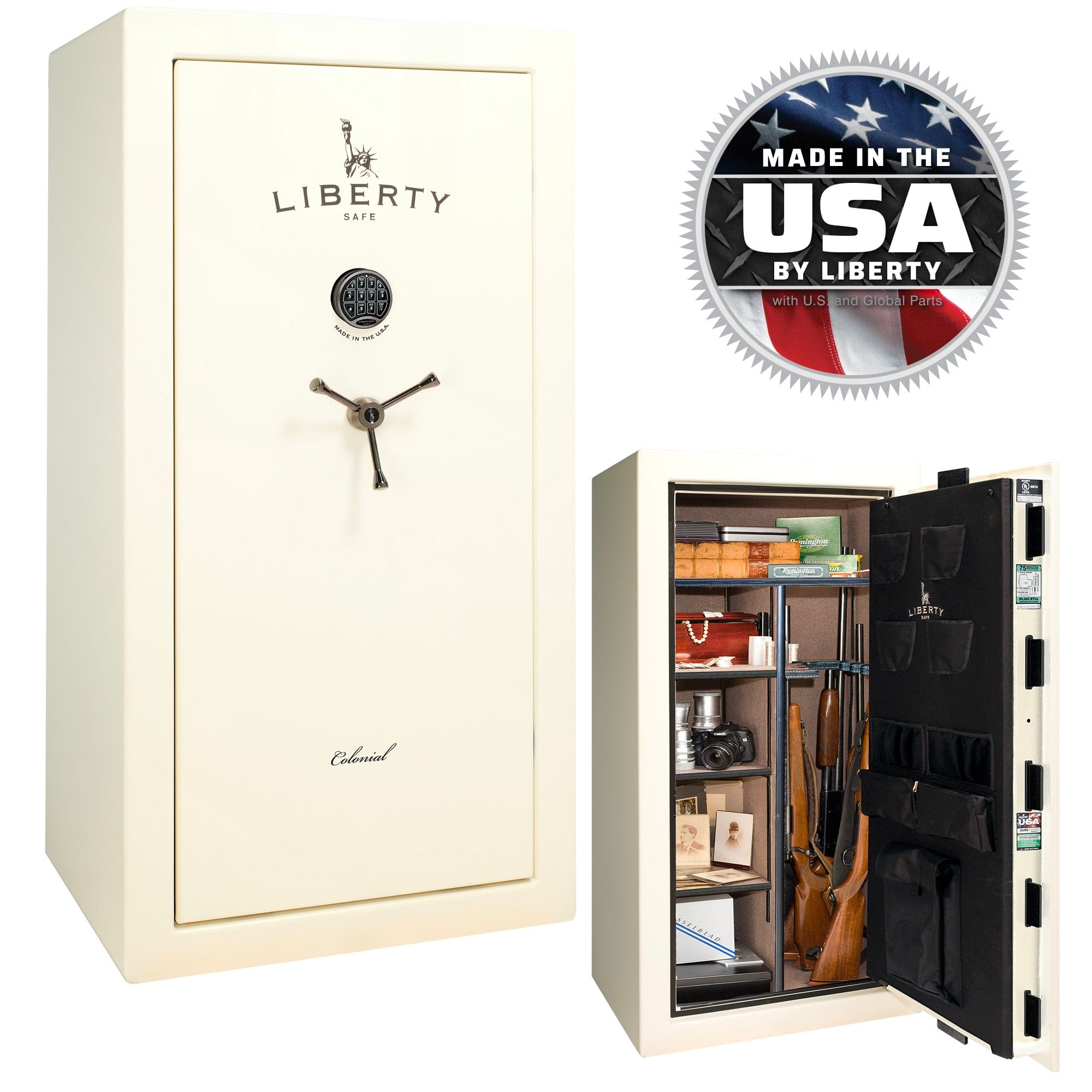 Colonial 23 OPTIONS_HIDDEN_PRODUCT Liberty Safe White Gloss / Camel Fabric / Black Chrome Hardware / SecuRam BackLit
