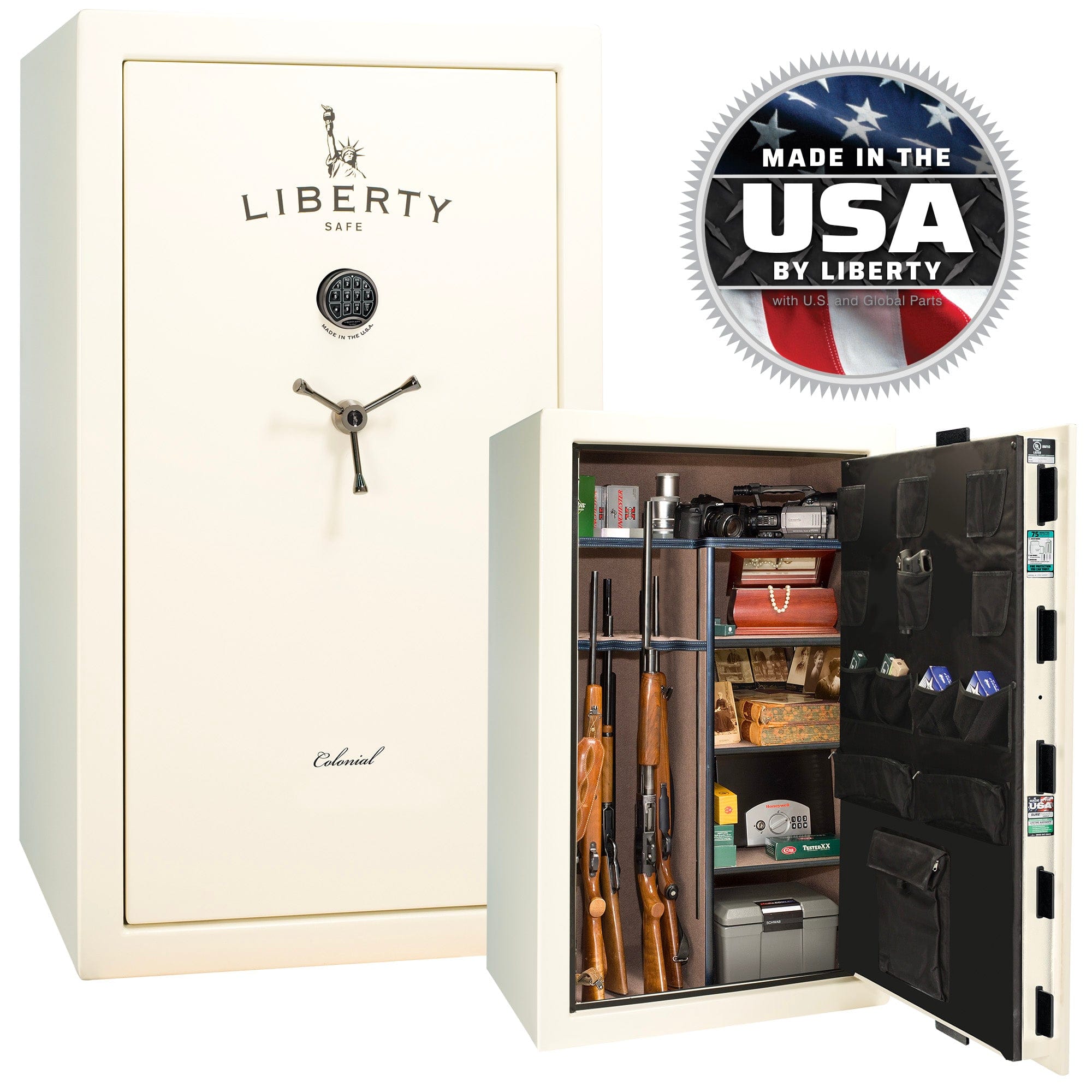 Colonial 30 OPTIONS_HIDDEN_PRODUCT Liberty Safe Standard / White Gloss / Camel Fabric / Black Chrome Hardware / SecuRam BackLit