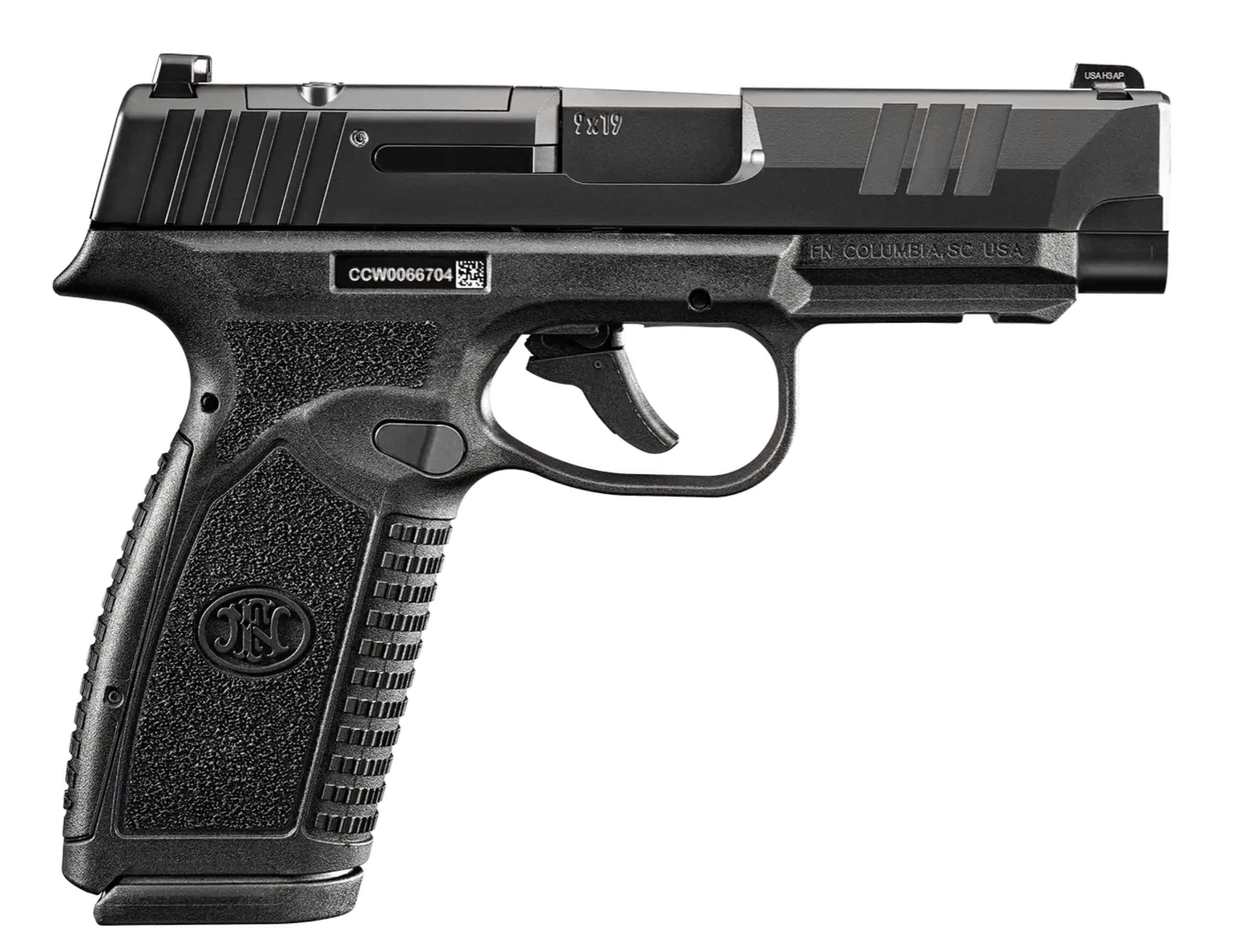 Black semi-automatic handgun on a white background.