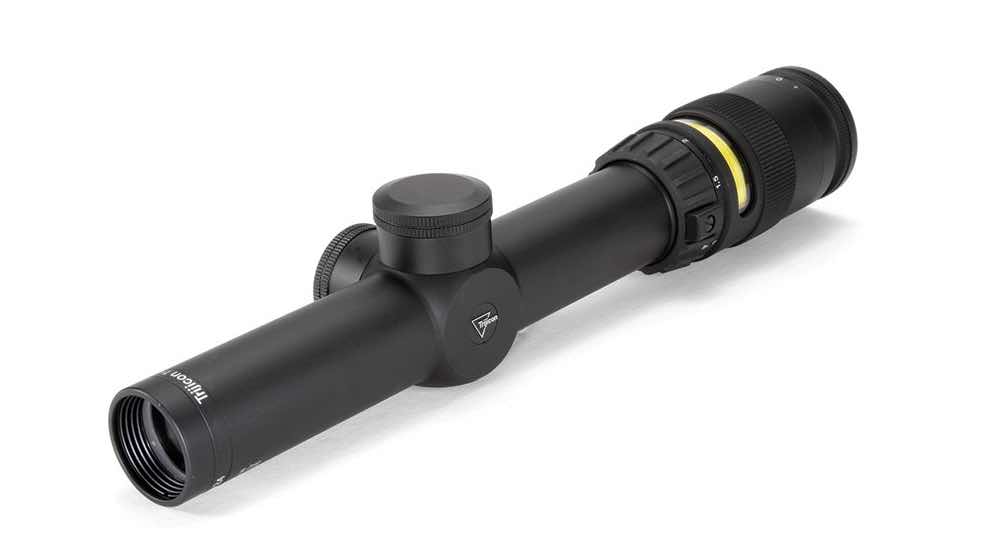 A black rifle scope with adjustment knobs and a yellow accent.