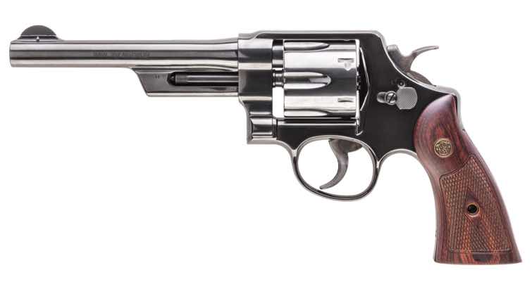 A metallic revolver with a wooden grip, positioned horizontally.