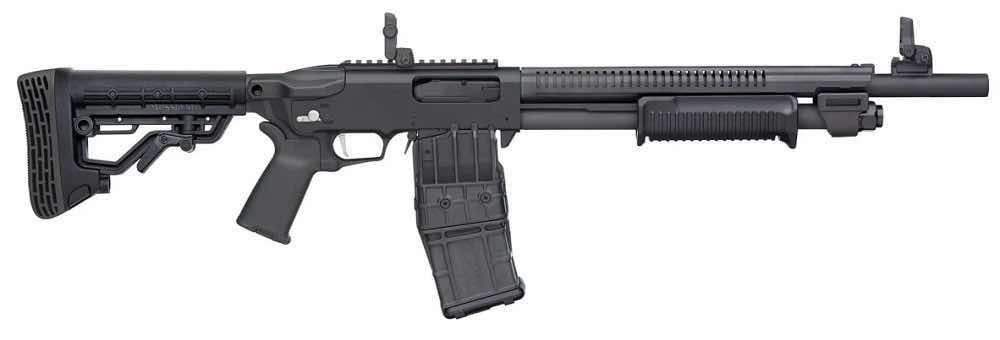 A black semi-automatic shotgun with a detachable magazine and adjustable stock.