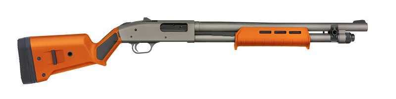 A shotgun with an orange stock and foregrip