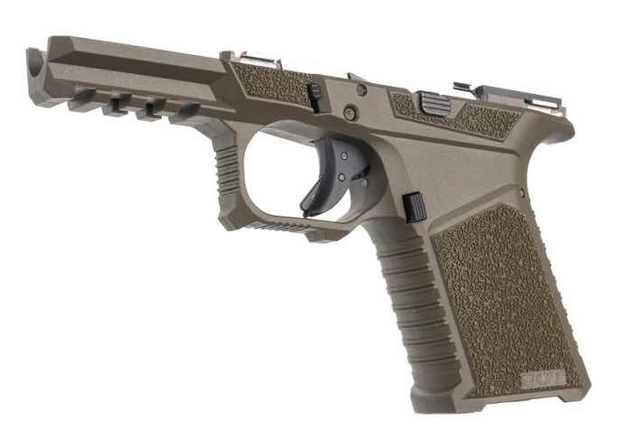 A green handgun with textured grip and tactical rail.