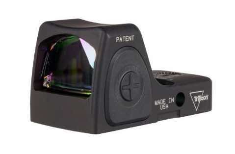 Black reflex sight with a curved lens and control buttons on the side.